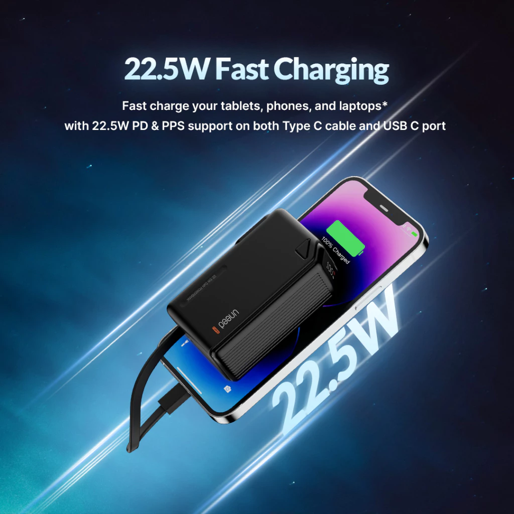 UNEED 2in1 Powerbank & Charger 22.5W 5000mAh QC PD PPS Fast Charging with Built in Type C Cable - UPB142.05