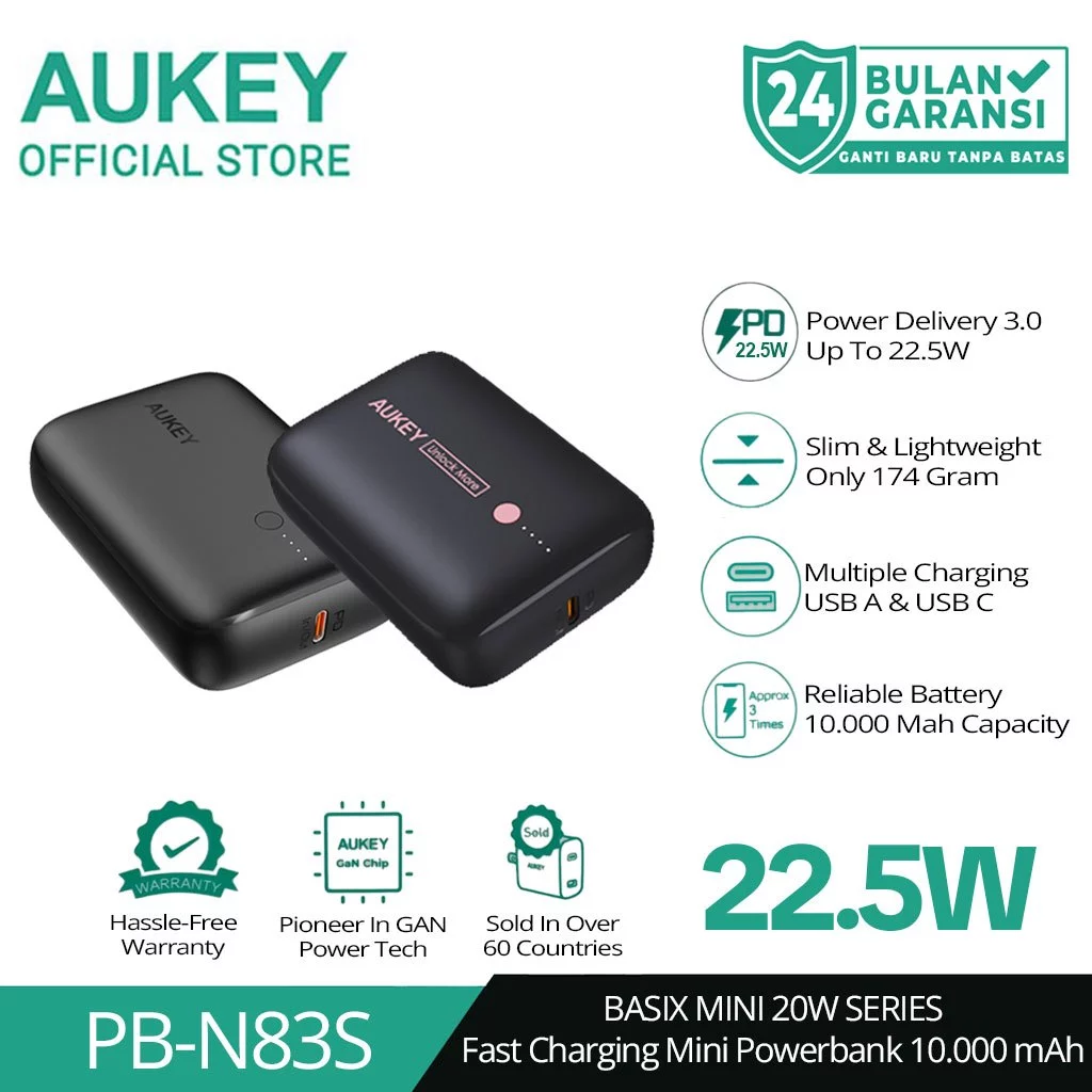 AUKEY Powerbank 10000mah PB-N83S USB C 22.5W PD 3.0 Slim Black