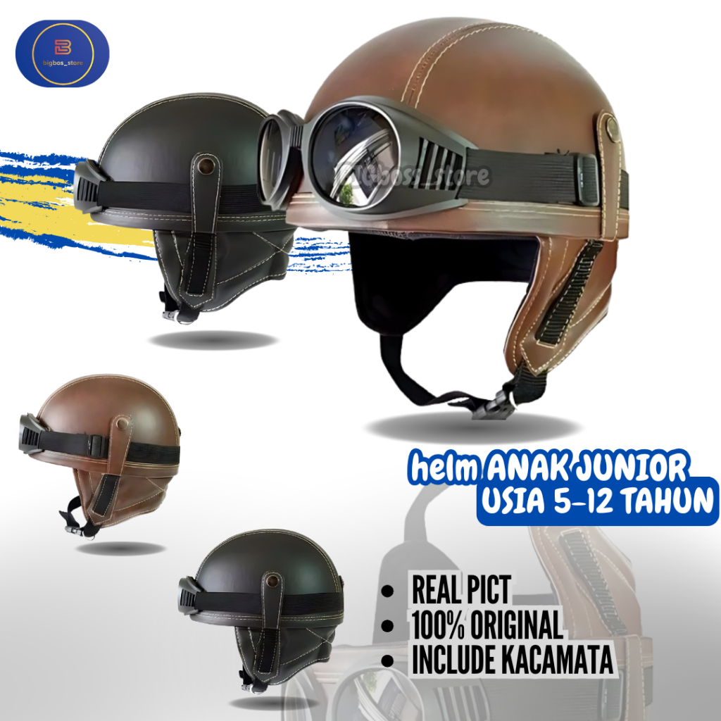 Jual HELM anak retro model cips club kulit usia 7 8 9 10 tahun polos ...