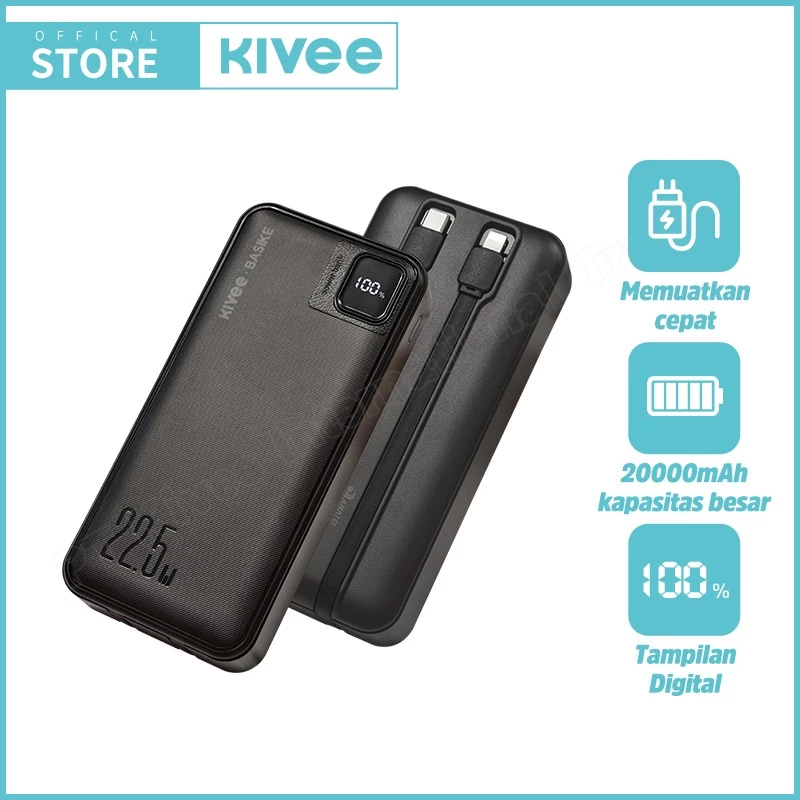 KIVEE PowerBank iphone 20000 mAh fast charging PD 22.5W With Kabel Data Type C Actual Capacity Asli