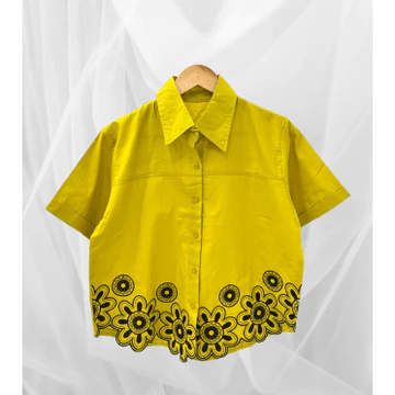 Rina Flower Basic Cotton Blouse Atasan Kemeja Wanita Korean Style Basic Lengan Pendek