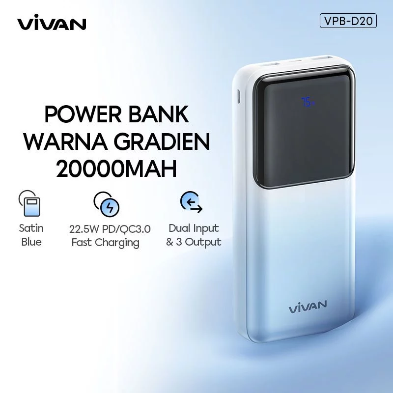 VIVAN Powerbank 20000mAh 2 Input 3 Output Fast Charging VPB-D20 Garansi 18 Bulan