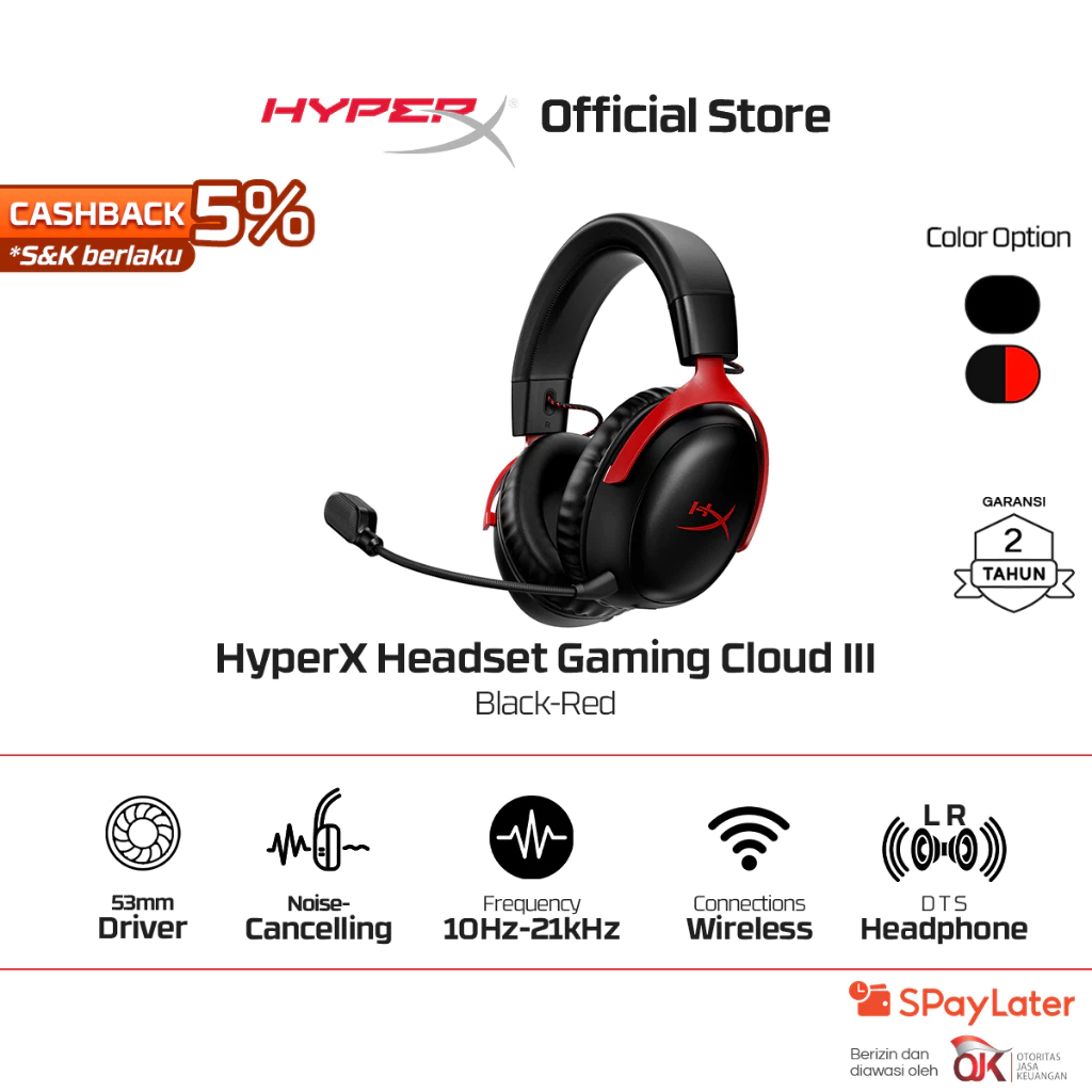 HyperX Headset Gaming Cloud III Wireless - Black / Red Noise Cancelling Spatial Audio Leather Stereo Bass Android iOS Led RGB