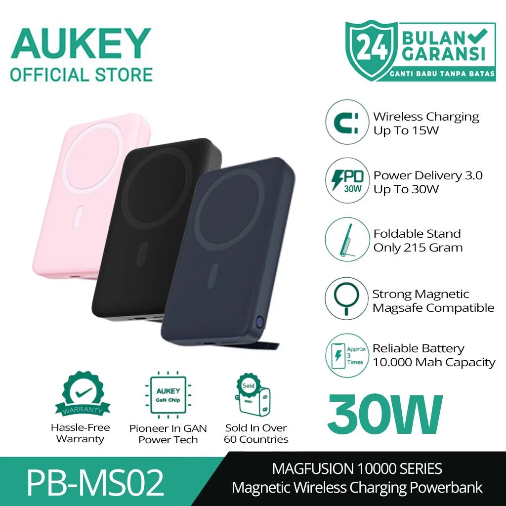 AUKEY Magsafe Wireless Powerbank 10000mah USB-C 30W PD Slim Portable PB-MS02