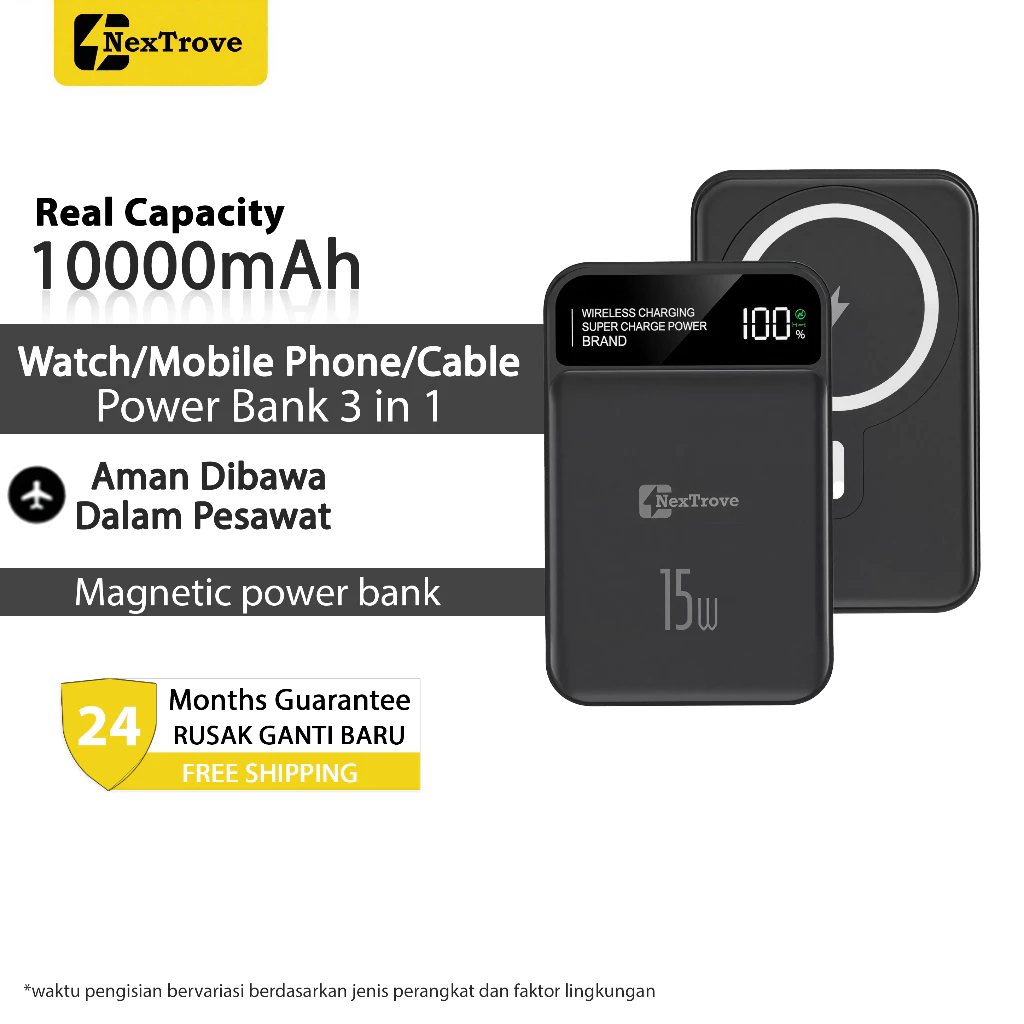 NEXTROVE Magsafe Wireless Powerbank 10000mAh（Real Capacity） 3in 1 Magnetic Magsafe 22.5W Fast Charging Power Bank