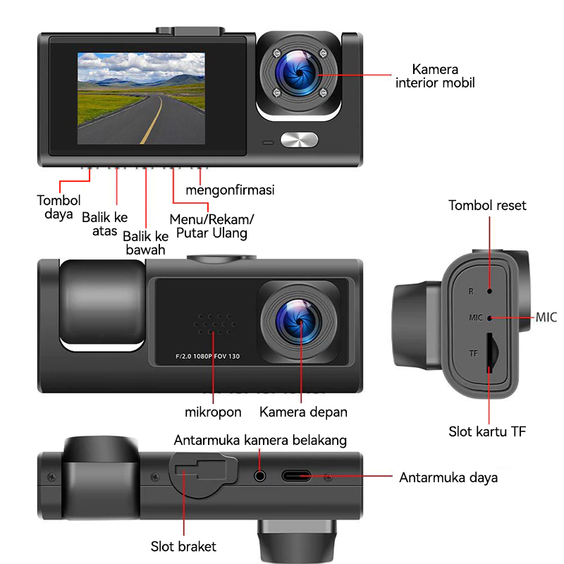 Dashcam 3 Lensa (Garansi 5 Tahun)!  64G HD 1080P WiFi