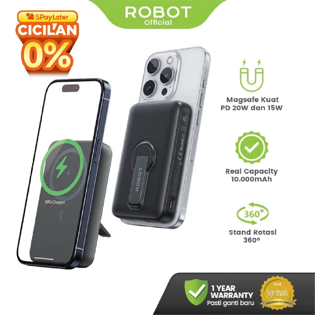 ROBOT Powerbank Magnetic Magsafe Kuat 10N PD 20W Fast Charging 10000 mAh RT15 Original