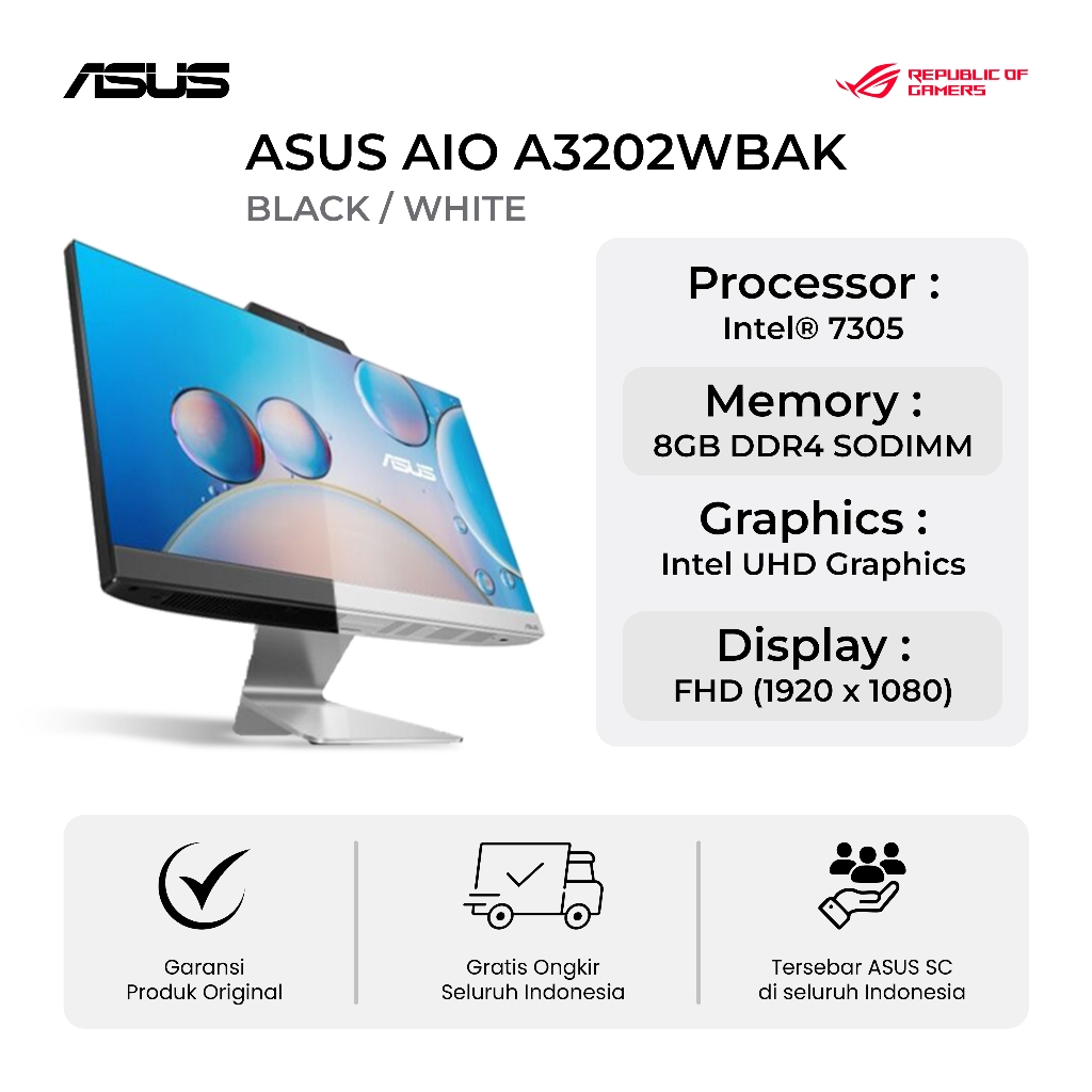 PC ASUS AIO A3202WBAK INTEL 7305 8GB 256GB WINDOWS 11 21.5 INCH FHD