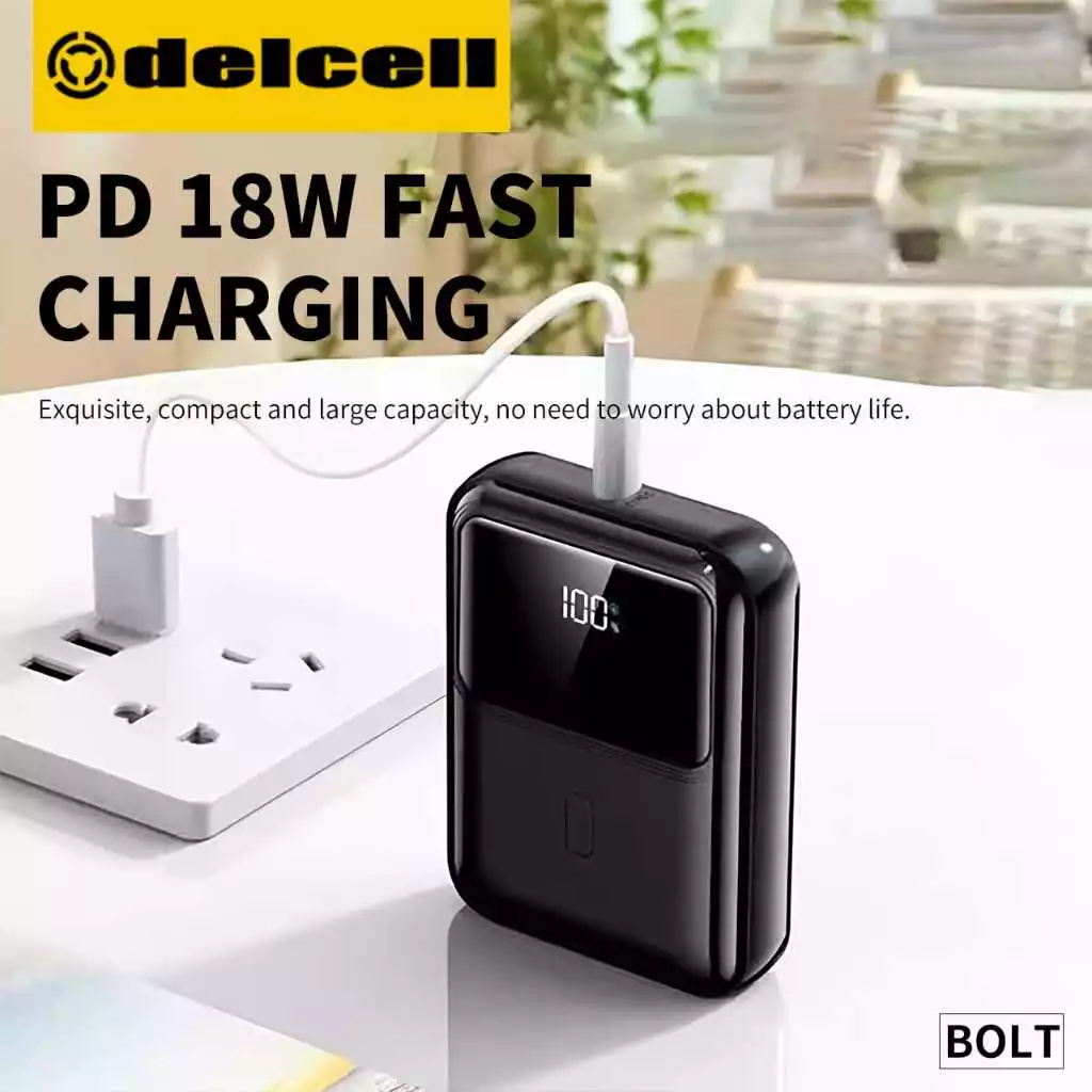 Delcell Bolt Powerbank Mini 10500mAh Fast Charging 22.5W Digital Display QC + PD 2 Tahun garansi