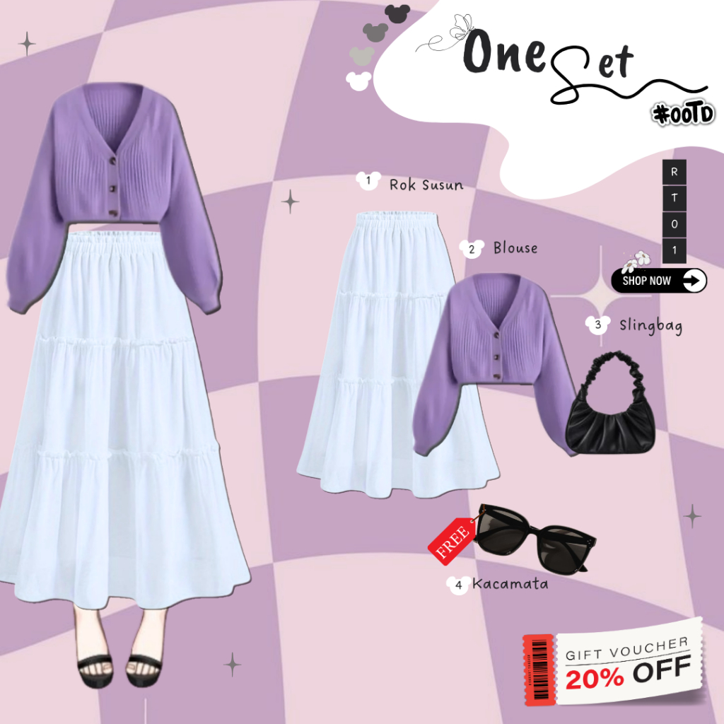 Jual Soft & Feminine Look One Set Blouse Ungu & Rok Susun Set Outfit ...