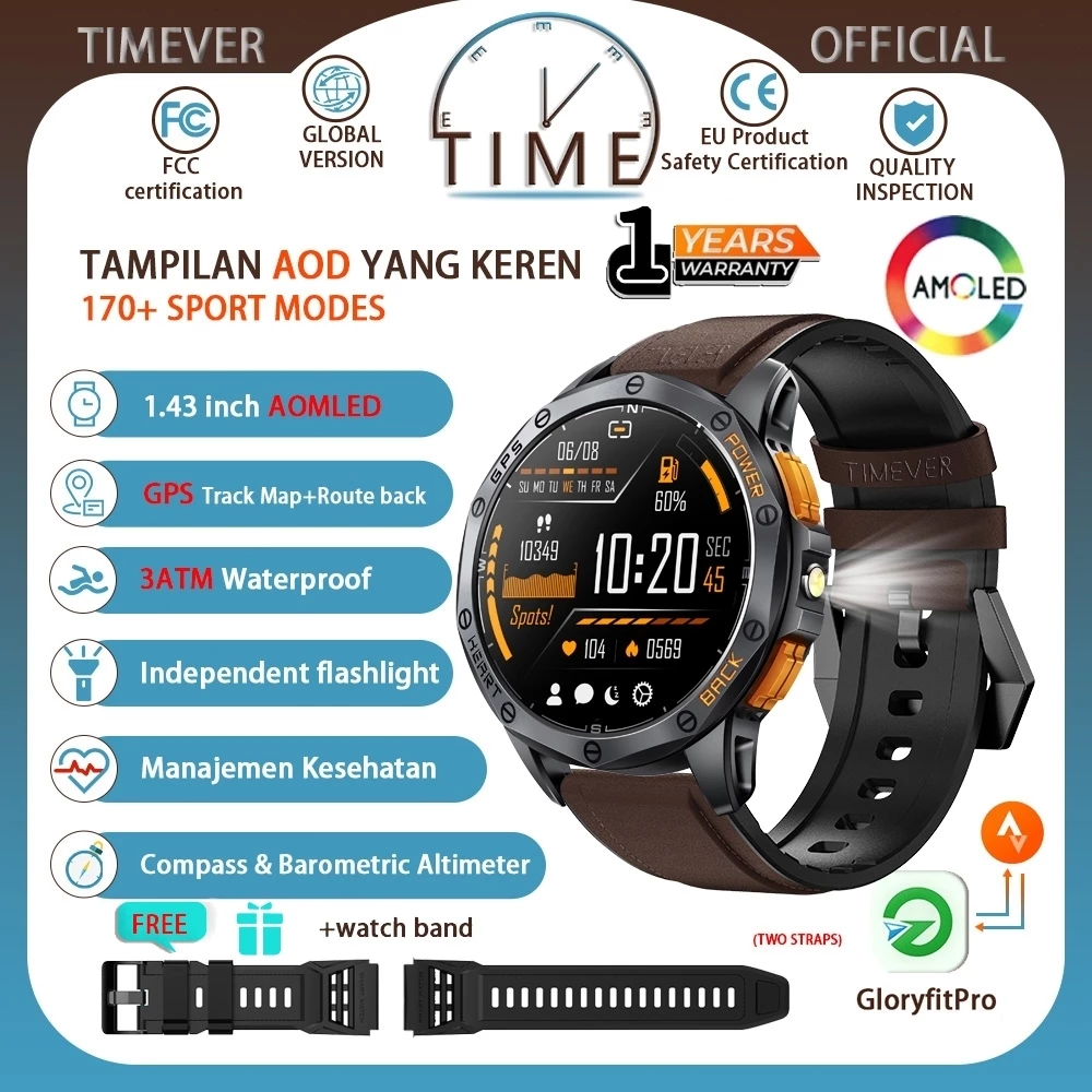 Timever tr1pro | gps map | aod layar smartwatch | lampu senter