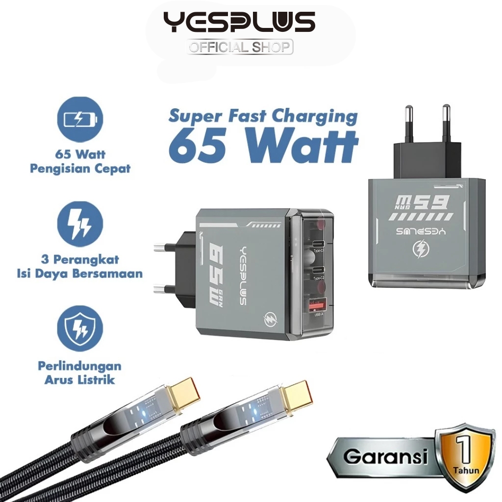 Jual Charger Gan YESPLUS YS-1124 PD 65W 3 Port Charger Super Fast ...