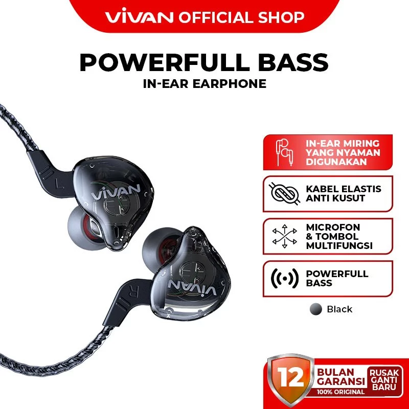 VIVAN Earphone In Ear Kabel Stereo Powerfull Bass Wired Headset Q15 Black Garansi Resmi 1 Tahun