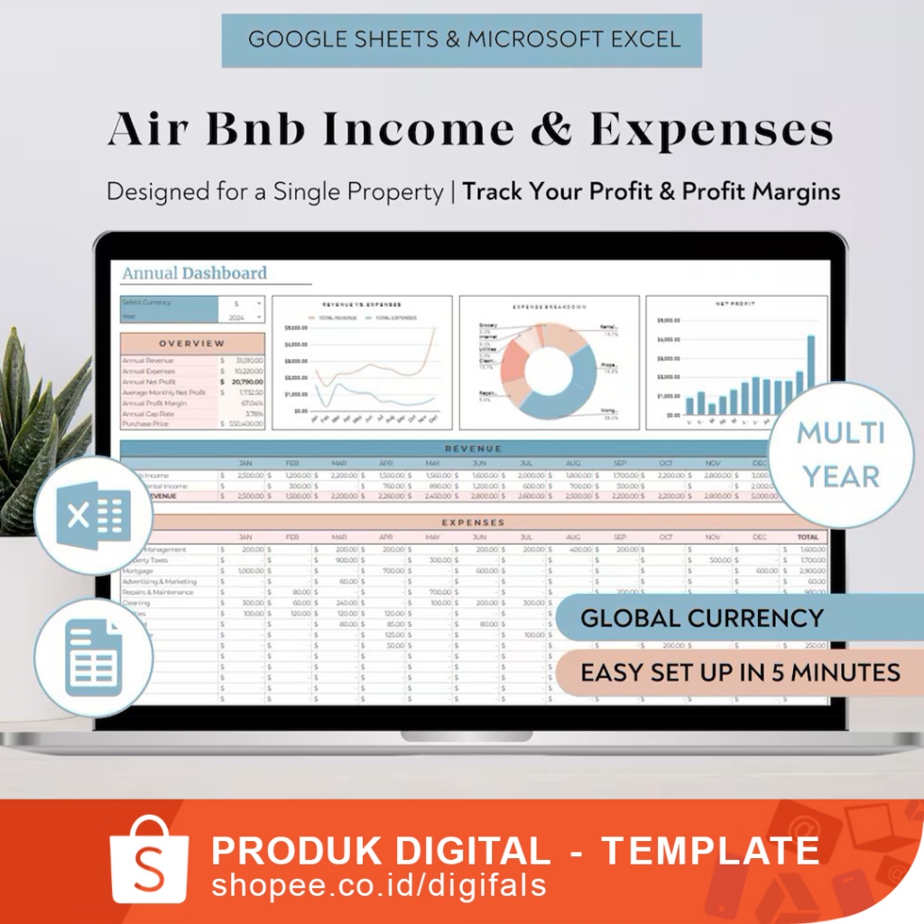 Jual Airbnb Income & Expense GoogIe Spreadsheet Excel Rental Property ...