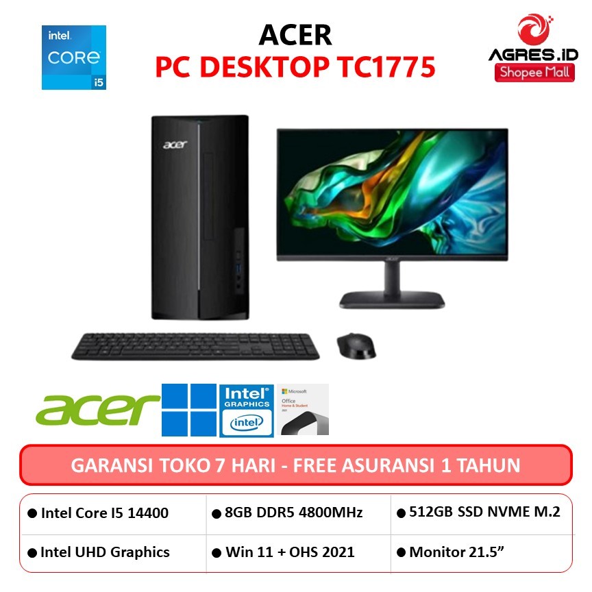 Jual ACER PC DESKTOP TC 1775 I5 14400 8GB 512GB W11+OHS +LED 21.5 ...