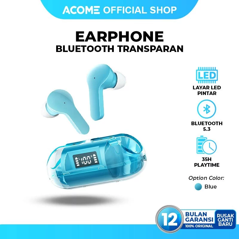 ACOME AT02 Headset Earphone Wireless Earbuds TWS BASS Bluetooth 5.3 Ultra Light Casing Transparant Inpods Original