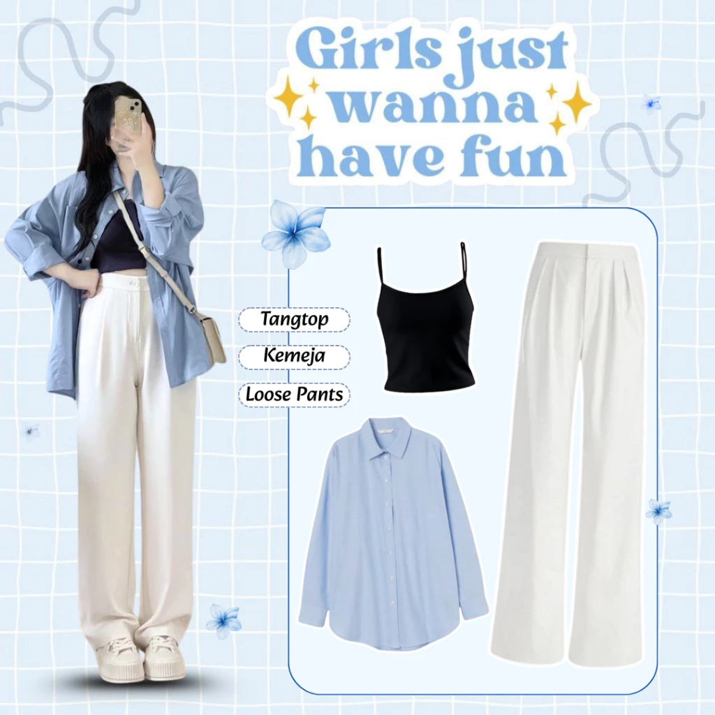 Oneset Basic 3in1 Wanita ( Kemeja Basic Blue + Loose Pants Jennie Knit + Tanktop Tali Kecil Hitam ) Outfit Kampus Remaja Kekinian OOTD Casual Hijab Friendly Setelan Wanita Biru Broken White - BE167