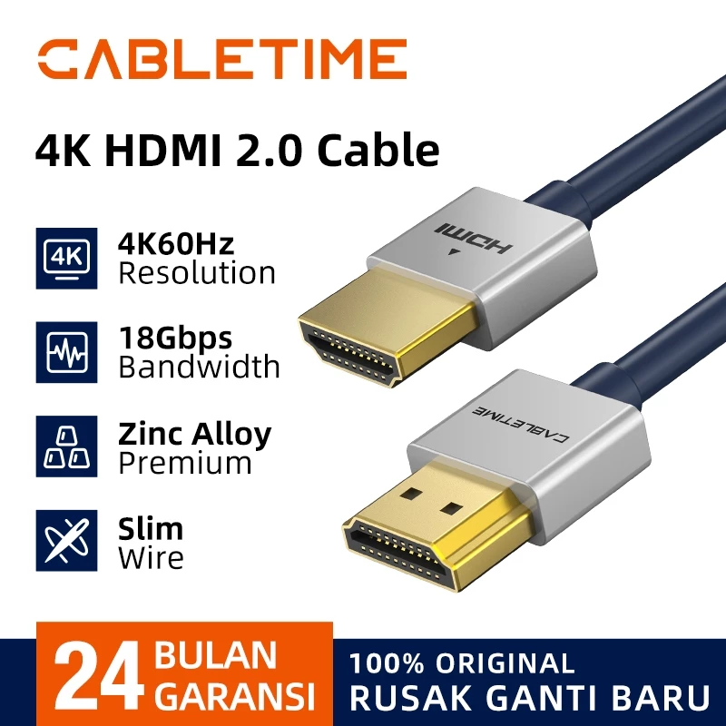 CABLETIME Kabel HDMI 4K Ultra HD 2.0 HDR High Speed Ultra Thin Slim Pro Series