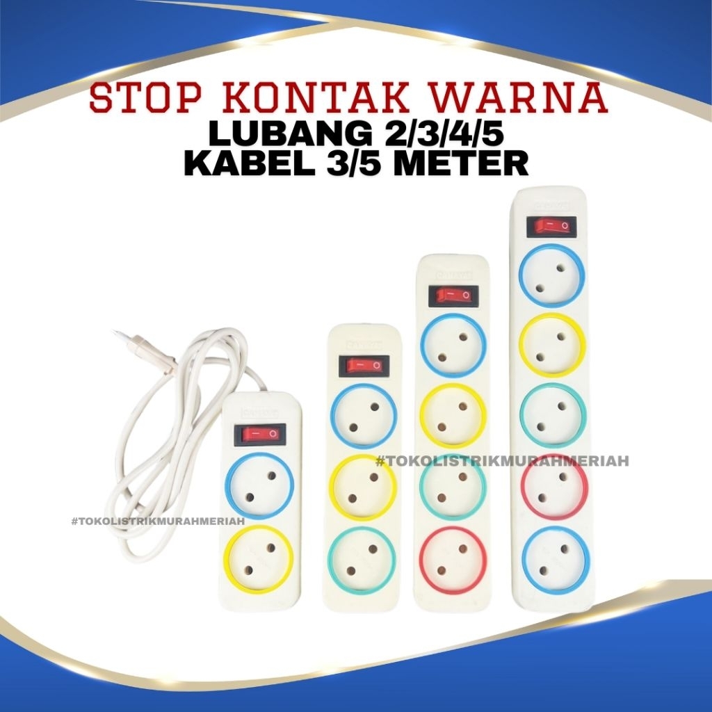 Jual Stop Kontak Gepeng Color Full ON/OFF // Stop Kontak + Kabel 2/3/4 ...