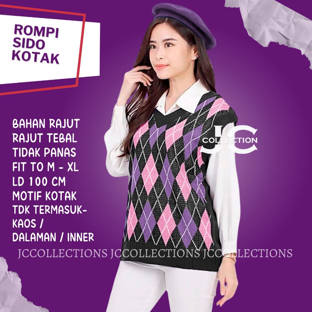 Jual Rompi Korea Rajut BTS Wanita Kotak / Vest Wanita Diamond Black ...