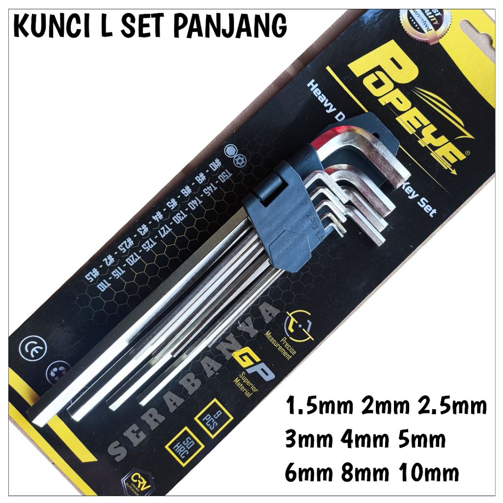 Jual POPEYE KUNCI L SET PANJANG 9PCS // HEAVY DUTY HEX KEY SET 1.5~10mm ...
