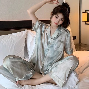 Set Piyama Wanita Satin Premium Langsing Lengan Pendek Celana Panjang Motif Eksklusif Baju
