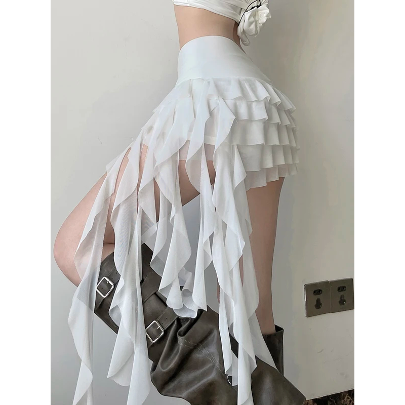 Jual Women's Ruffle Asymmetrical Mesh Skirt Elegant Low Waist Tiered ...