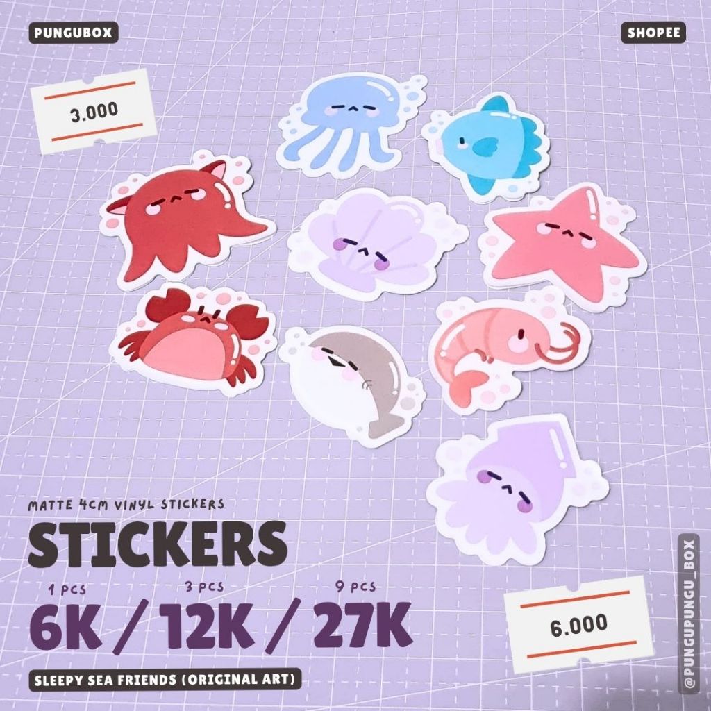 Jual Sticker Vinyl 4cm Sleepy Sea Friends Laut Jellyfish Squid Mola ...