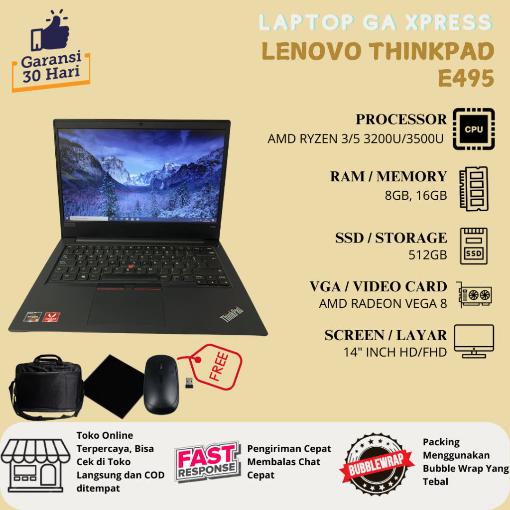 Jual Lenovo Thinkpad E495 AMD RYZEN 3/5 3200U/3500U Layar 14 Inch HD ...