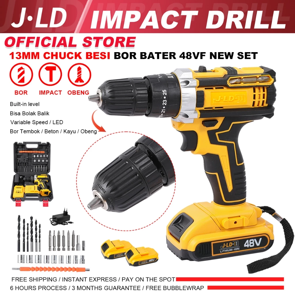 JLD Bor Baterai 48Vf 2-Speeds dengan Level Built-in dan 25+3 Mesin Bor Cordless Impact Drill - foto 1