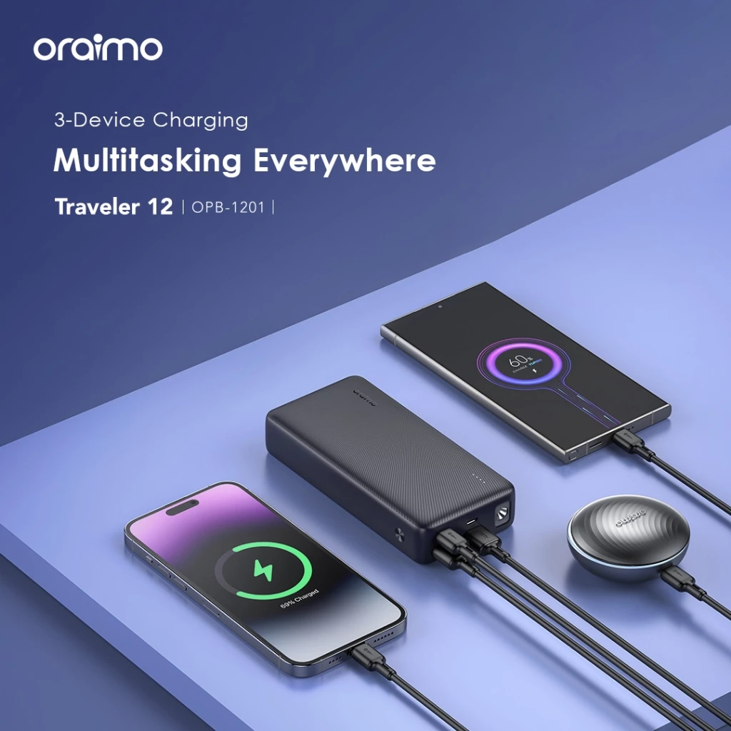 oraimo Powerbank Traveler 12 Kapasitas Nyata 20000mAh OPB-1201 Pengisian Cepat Tipe-C 2 Input 3 Output Senter LED