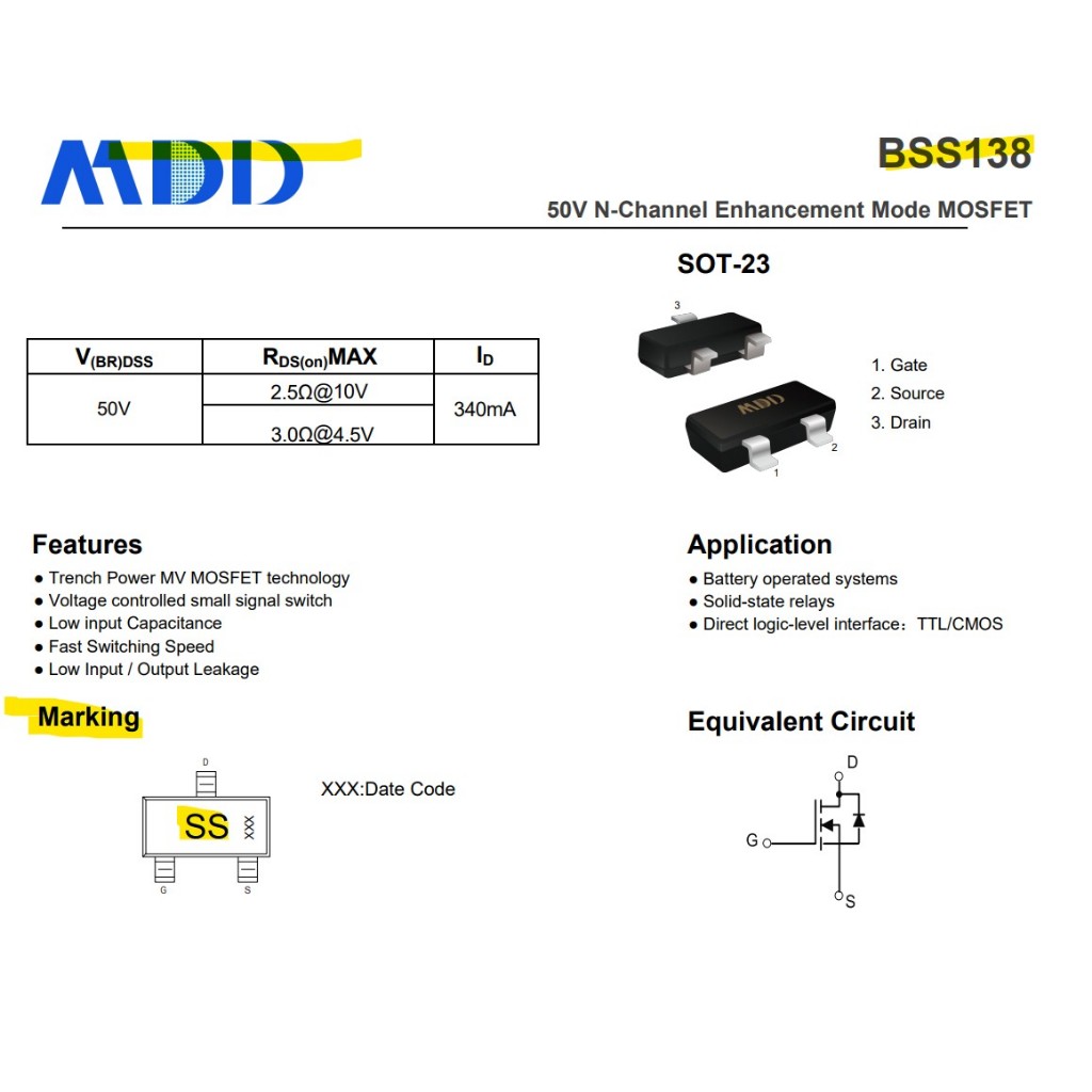 Jual BSS138 50V 340mA N-channel Mosfet SS SOT-23 MDD ORIGINAL | Shopee ...