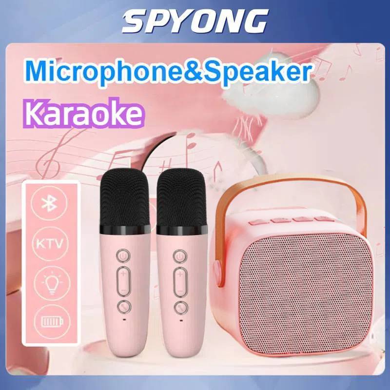 SPYONG Mini Speaker Karaoke Bluetooth Microphone Speaker Mic Wireless Rumah  Dua Mikrofon Subwoofer Portable Mic Anak Untuk Karaoke Speaker Lampu Led