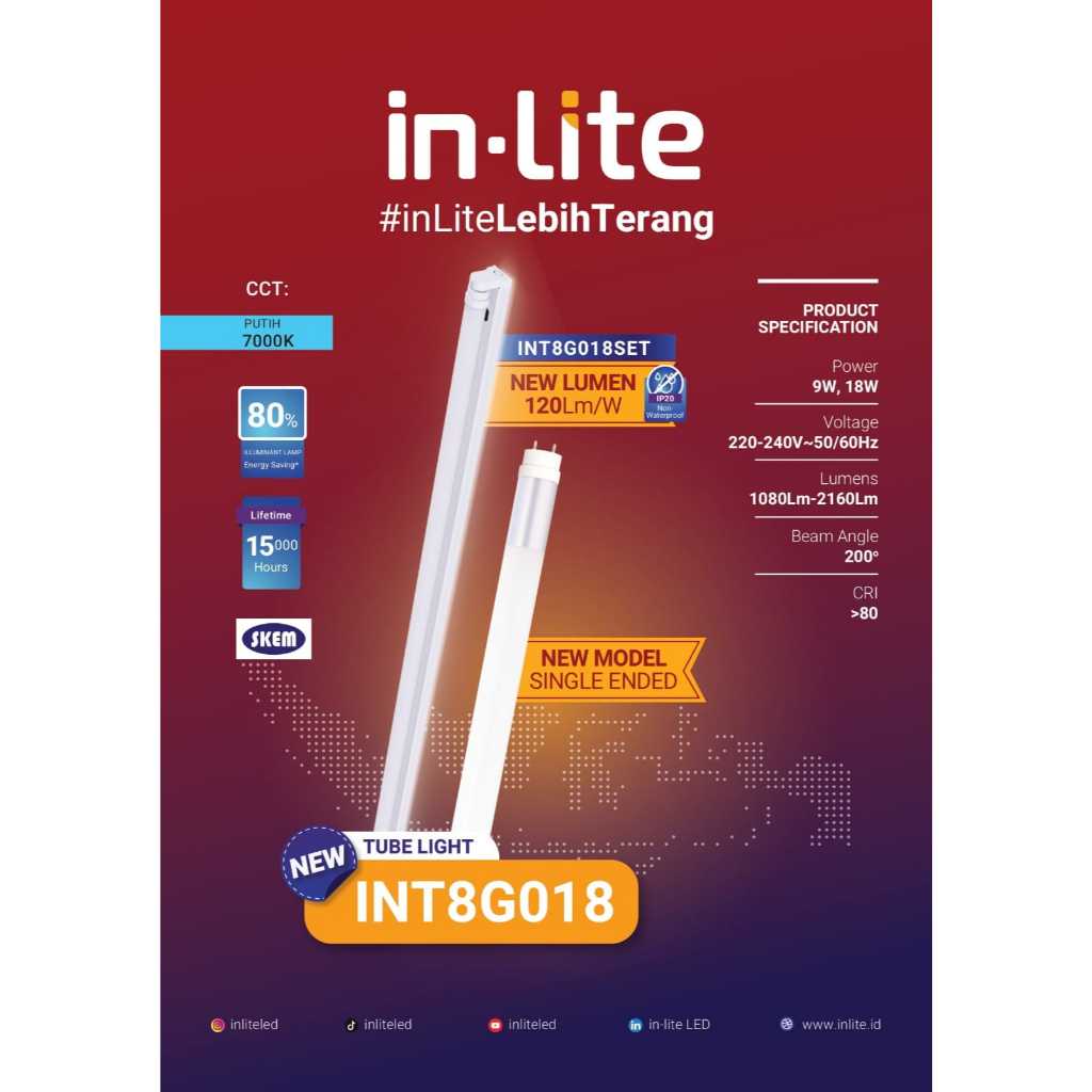 Jual INLITE TL LED TUBE SET T8 INT8G018SET 18W 9W SINGLE ENDED 120cm ...