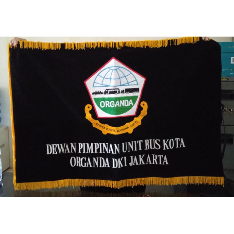 Jual bendera pataka bordir logo organda dua muka kanan kiri bahan ...