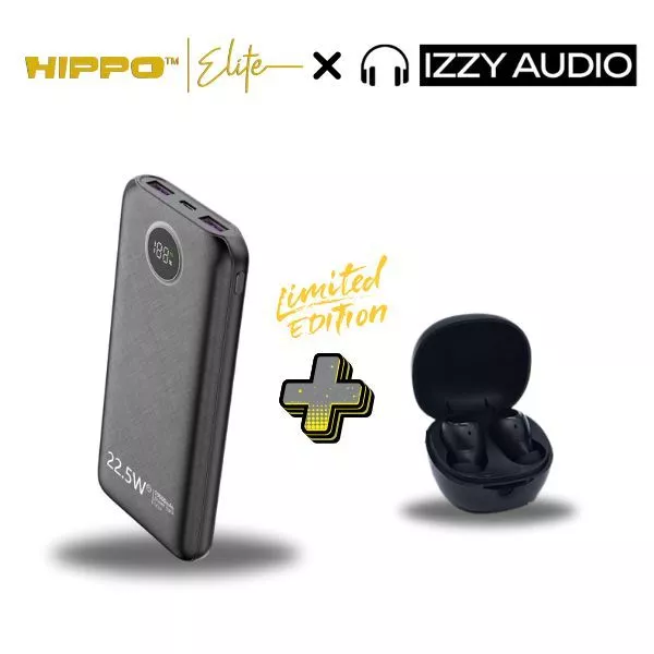 Hippo Elite x Izzy Powerbank Fast Charger PD 22.5W Black + True Wireless Audio Earphone Mini Earbuds XE28 PRO Color