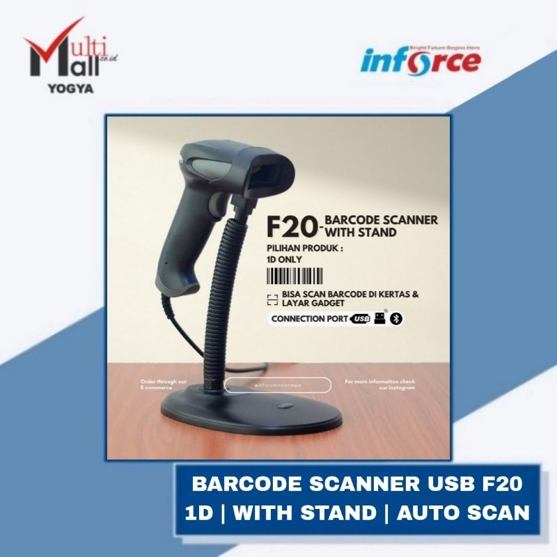 Jual Barcode Scanner F20 + Stand 1D USB Auto Scan Kertas & Layar Device ...