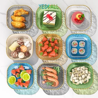 YESALL Piring Saji Mini Kotak Diamond 14,5cm - Cantik Transparan Piring Saji Kotak Lauk Pauk Buah Kue Snack Dessert Aesthetic Tempat Saji Makanan Sushi Dim Sum Salad Buah Snack Mewah Piring Makan Souvenir Estetik Serbaguna