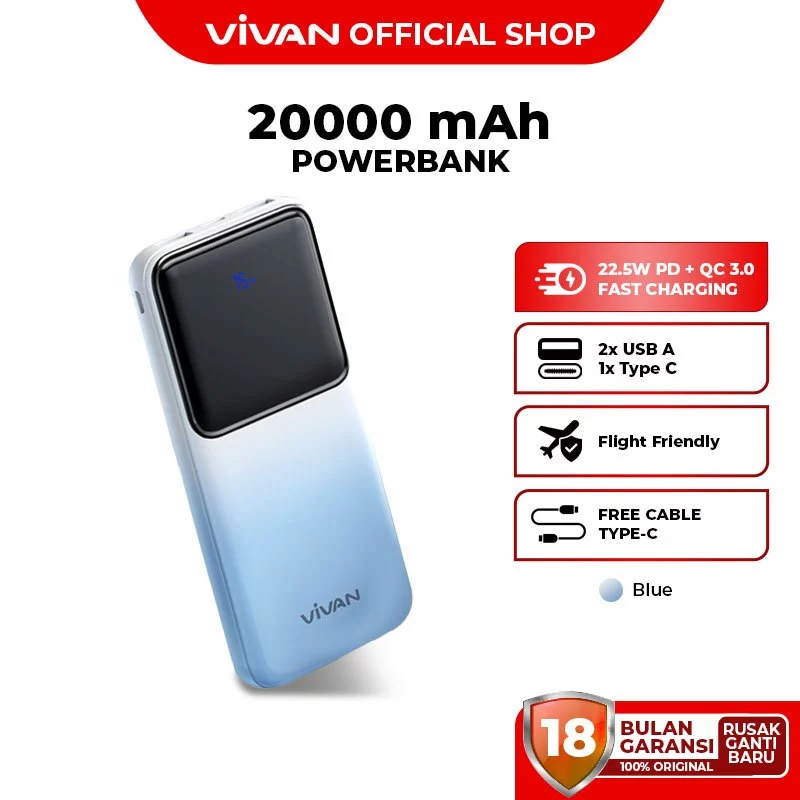 VIVAN Powerbank 20000mAh 2 Input 3 Output Fast Charging VPB-D20 Garansi 18 Bulan