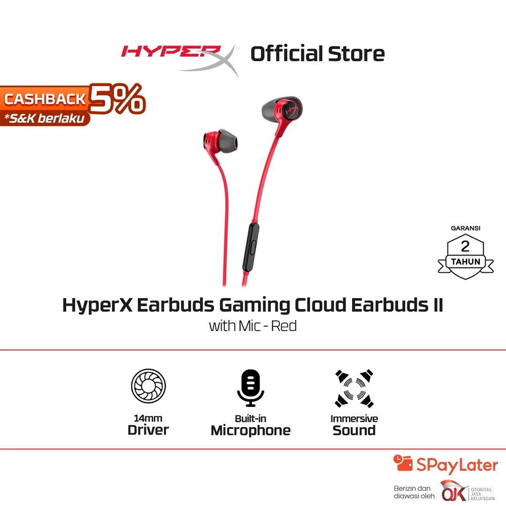 HyperX Earbuds Gaming Cloud II - Red Wired Noise Cancelling Stereo Bass Android iOS Non Bluetooth Non Wireless Led RGB