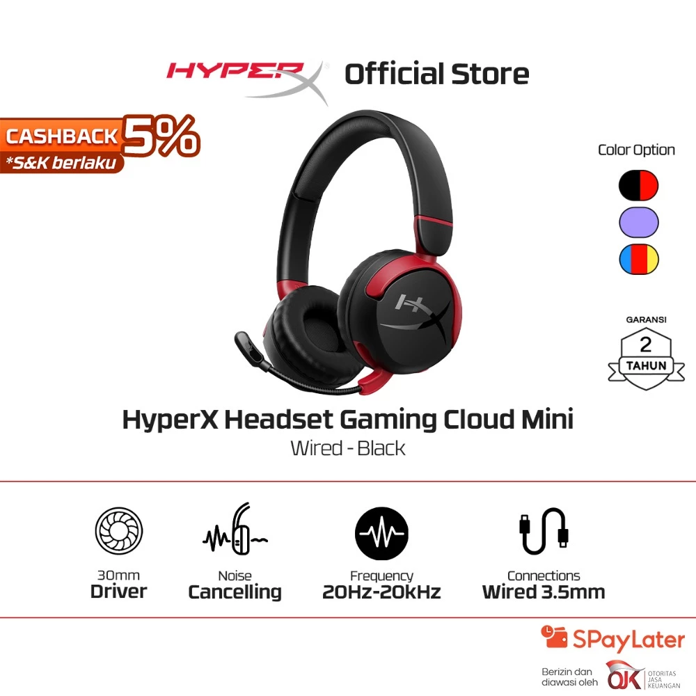 HyperX Headset Gaming Cloud Mini Wired - Black / Lavender / Multi-Color Noise Cancelling Leather Stereo Bass Android iOS Led RGB
