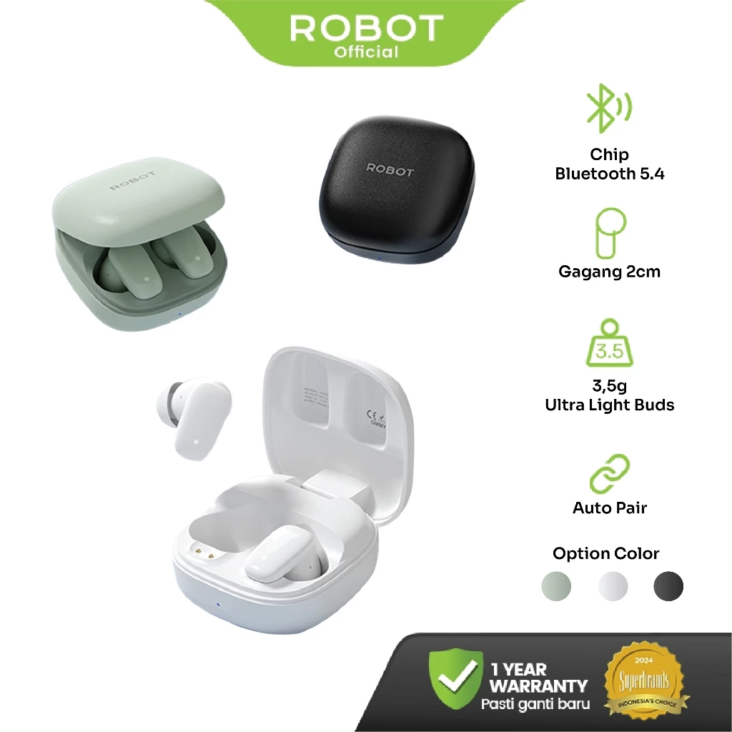 ROBOT TWS Earphone Wireless Bluetooth 5.4 Ultra Light Buds with Gagang Mini 2 cm Headset Bluetooth 37H PlayTime Nova T2 Original