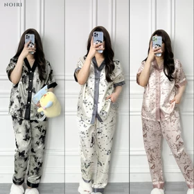 NOIRI Piyama Wanita Set Satin Lengan Pendek Celana Panjang Bahan Satin Premium Baju Tidur