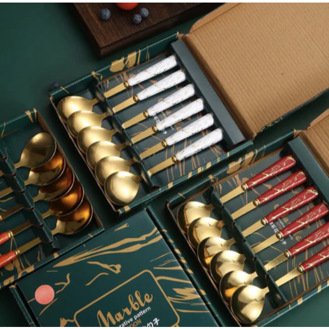 ENISOO STORE - [1 SET ISI 6 PCS] Sendok Marble Sultan Emas Mewah / Box Gift Set Hampers sendok makan sultan