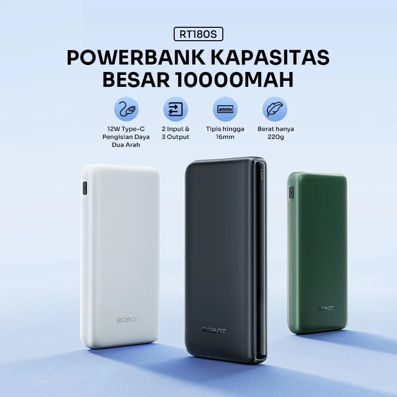 ROBOT Powerbank 10000mAh 3 Output Dual Input Type-C Power bank RT180S Fast Charging 12W Android/iPhone - Garansi 1 Tahun