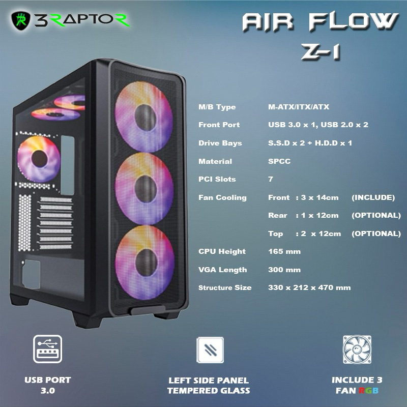 Jual Casing CPU Raptor Air Flow Z-1 Include 3Fan RGB | Shopee Indonesia