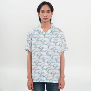 M231 Kemeja Pria TENCEL Printing Hawaii Pendek Putih 0898B