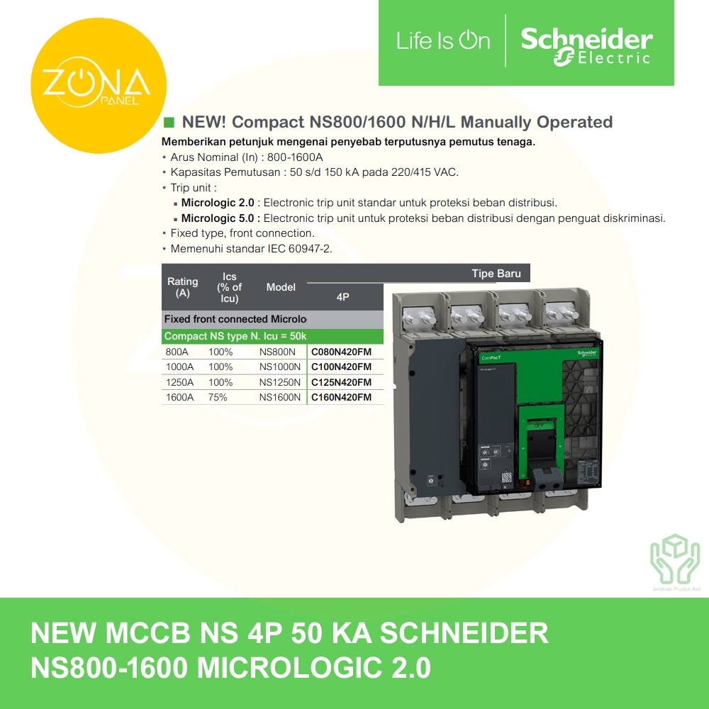 Jual MCCB SCHNEIDER COMPACT NS 4P 1250A 50KA NEW NS1250N MICROLOGIC 2.0 ...