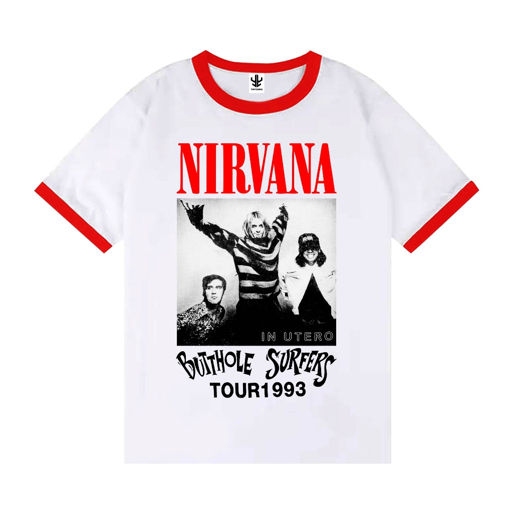 T-Shirt Unisex Nirvana Ringer Double Smile Logo Officiel | Blanc, Col Et Manches Contrastés | Coton Recyclé | Taille S-XXL