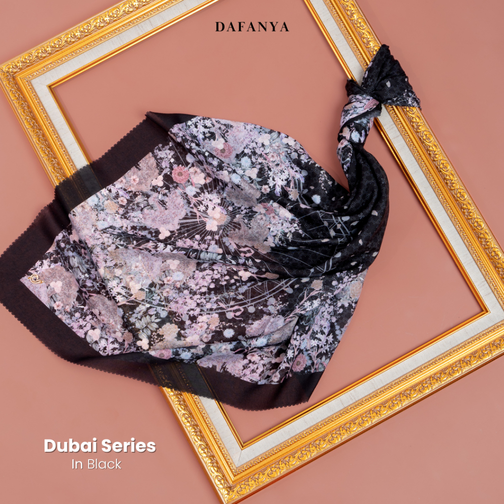 DAFANYA Dubai Series Jilbab Motif Floral Kerudung Segi Empat Hijab Scarf Bahan Voal Laser Cut